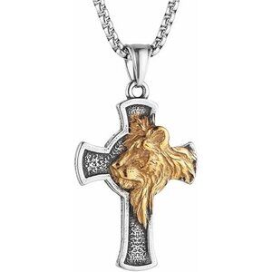 Silver&Gold Stainless Steel Lion Head Cross Necklace Gothic Pendant 22+2in Chain